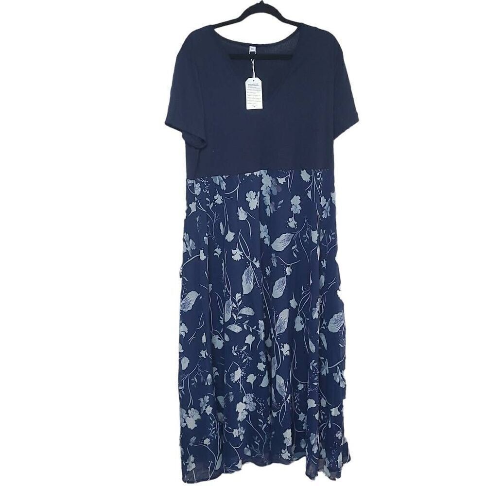 Women’s XXL blue floral knit maxi dress shirt sleeve NWT